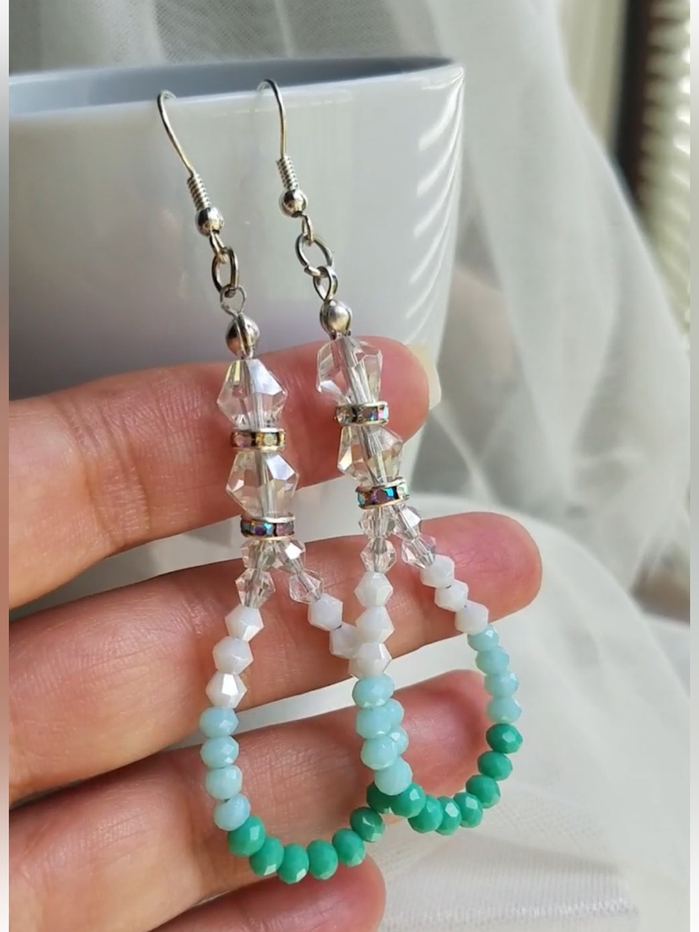 Swarovski Elements Long Mint Green & Alabaster White Teardrop Hoop Earrings NWT